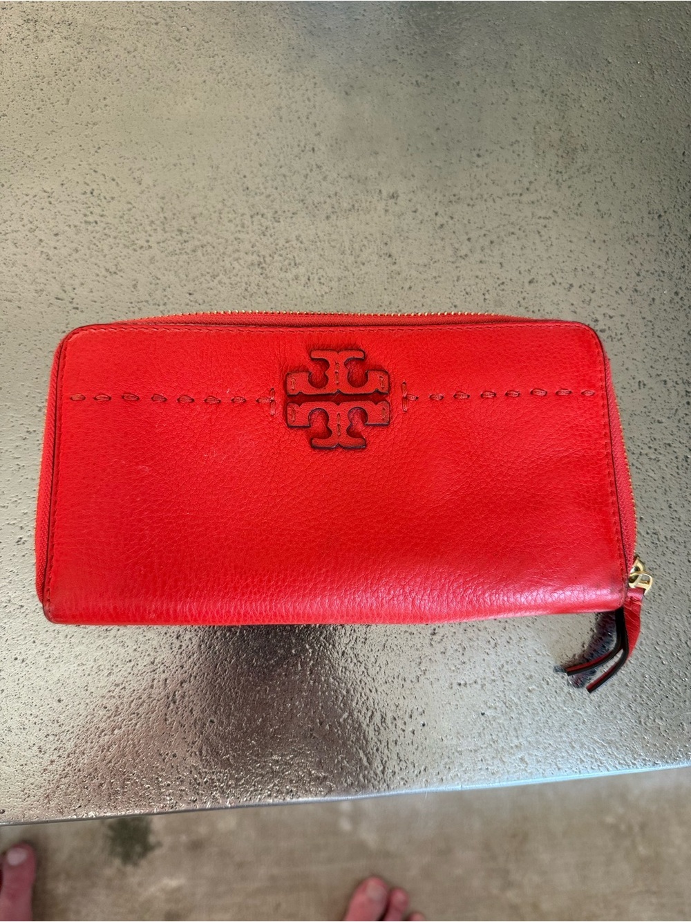 Tory Burch Marion Blood Orange Leather Zip-Around Wallet with Logo